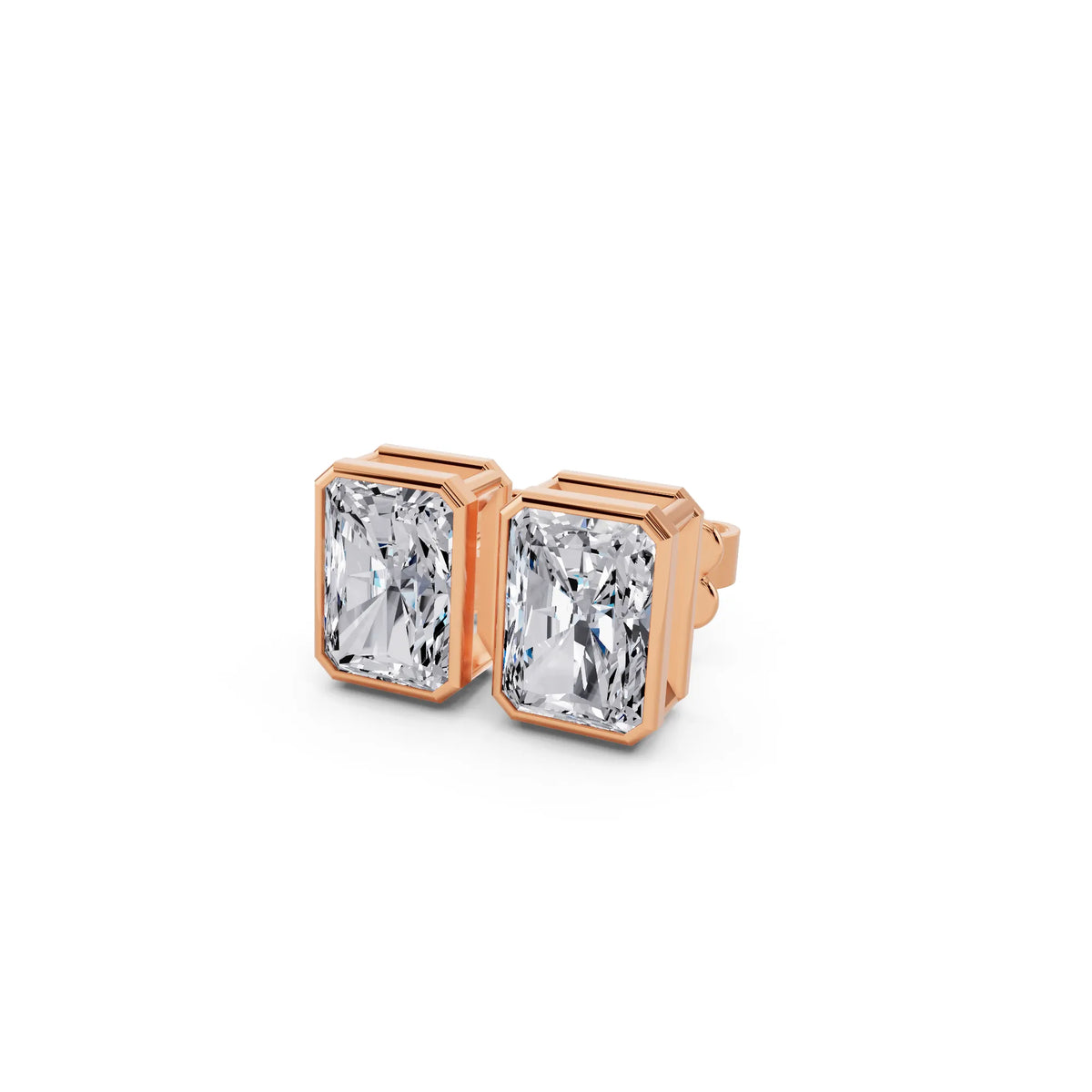 Rose Gold Bezel Radiant Lab Grown Diamond Stud Earrings, close-up