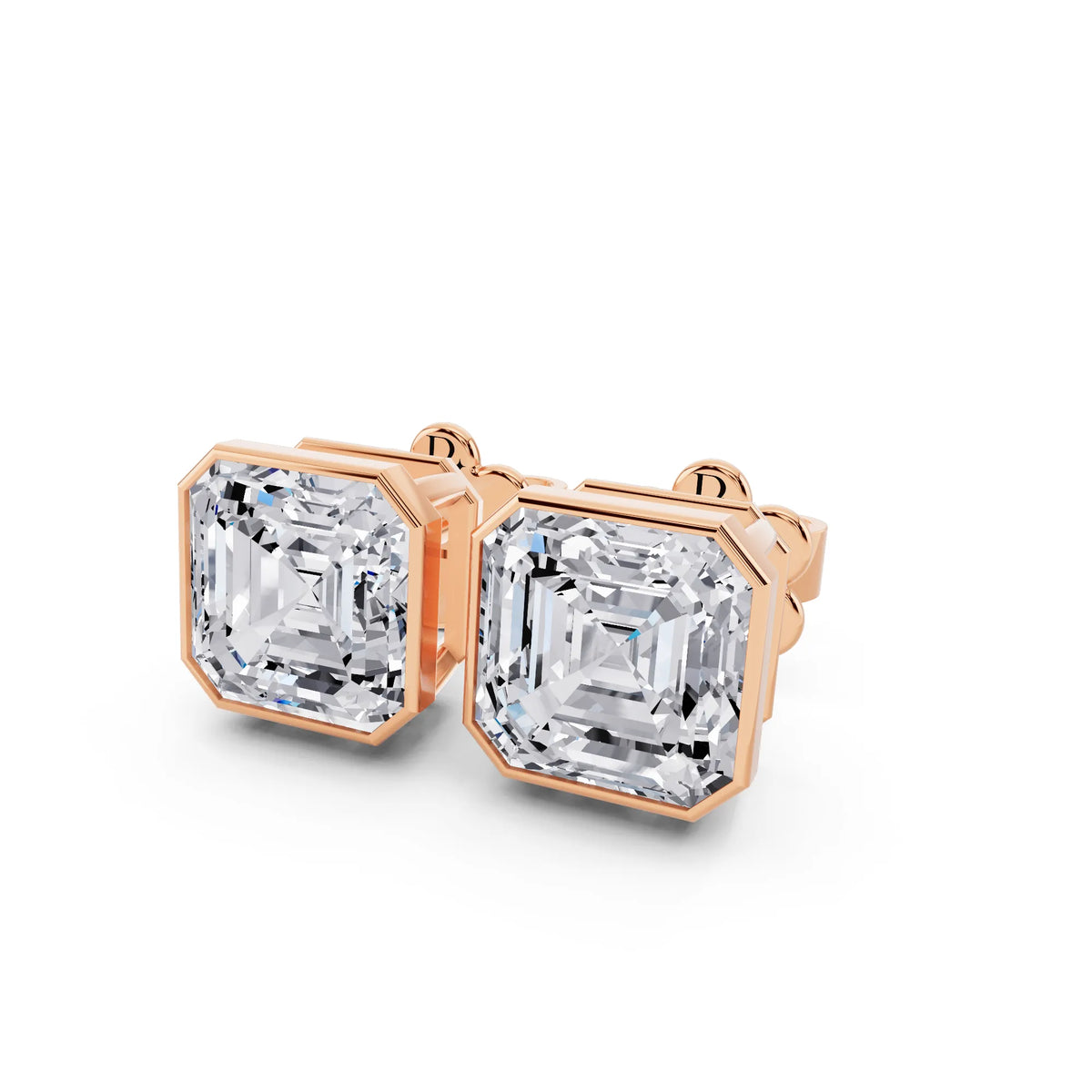 Rose Gold Bezel Asscher Lab Grown Diamond Stud Earrings, close-up