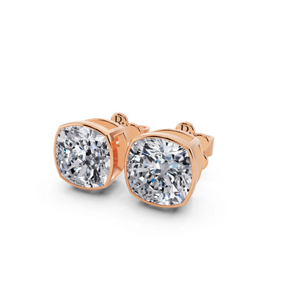 Rose Gold Bezel Cushion Lab Grown Diamond Stud Earrings, close-up