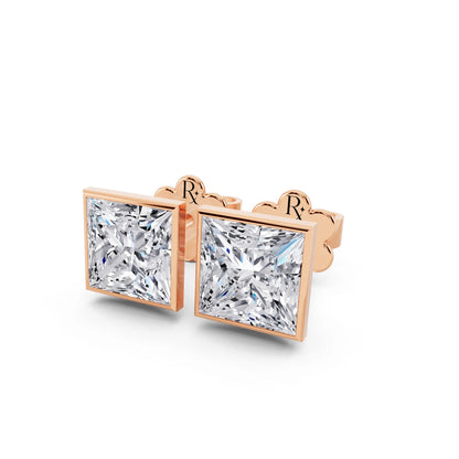 Rose Gold Martini Bezel Princess Lab Grown Diamond Stud Earrings, close-up