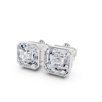 Bezel Asscher Lab Grown Diamond Stud Earrings, close-up
