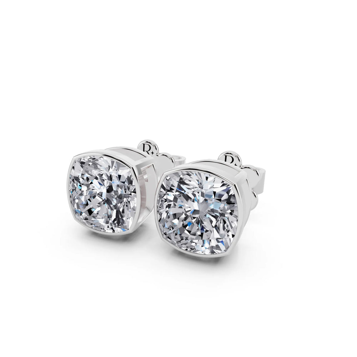 Bezel Cushion Lab Grown Diamond Stud Earrings, close-up