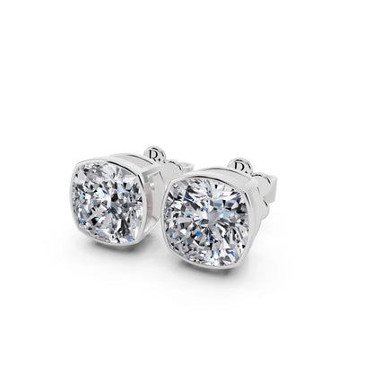 Bezel Cushion Lab Grown Diamond Stud Earrings, close-up