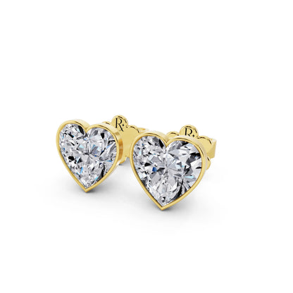 Yellow Gold Martini Bezel Heart Lab Grown Diamond Stud Earrings, close-up