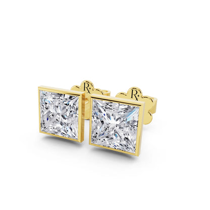 Yellow Gold Martini Bezel Princess Lab Grown Diamond Stud Earrings, close-up