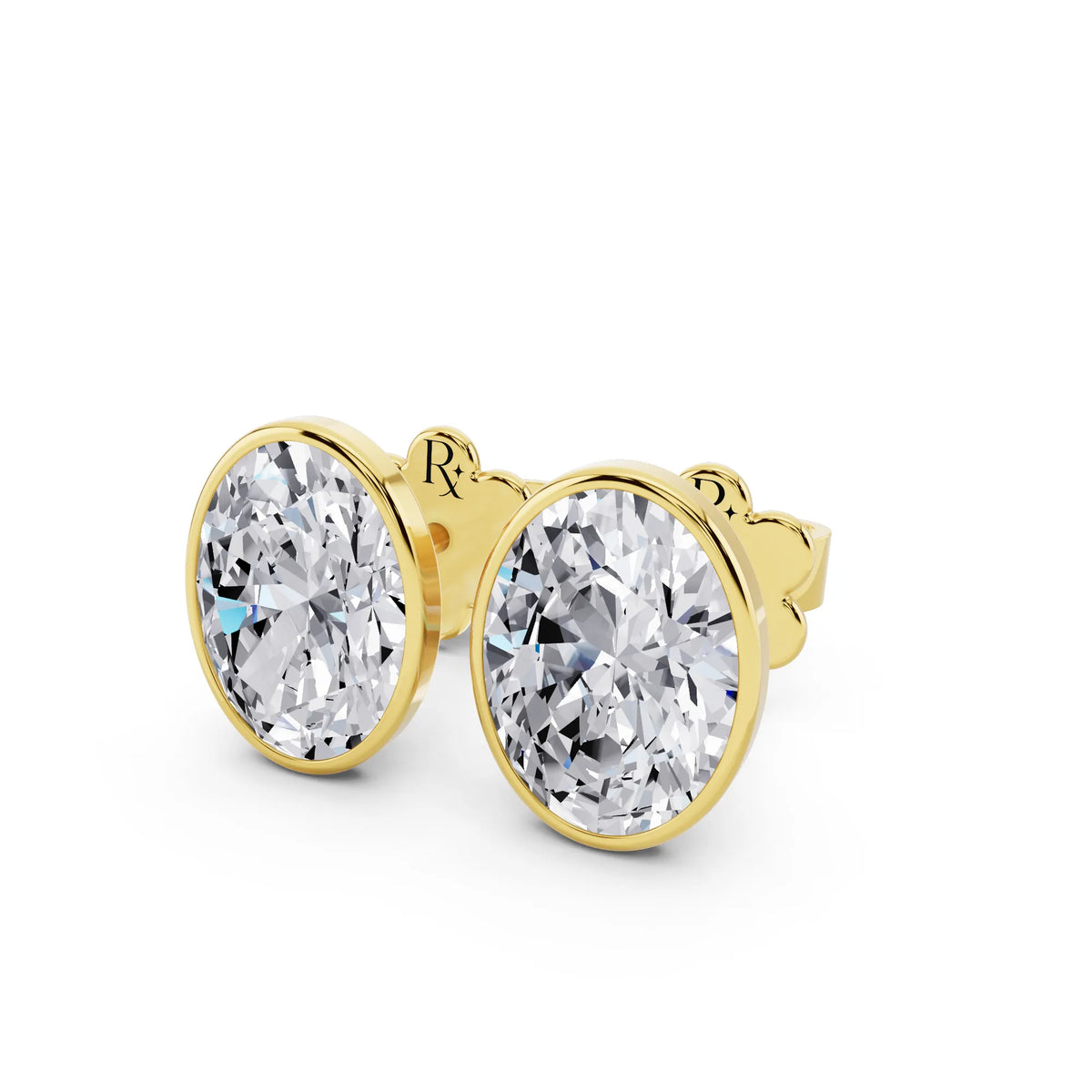Yellow Gold Martini Bezel Oval Lab Grown Diamond Stud Earrings, close-up