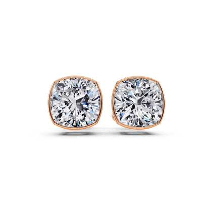 Rose Gold Bezel Cushion Lab Grown Diamond Stud Earrings, front view