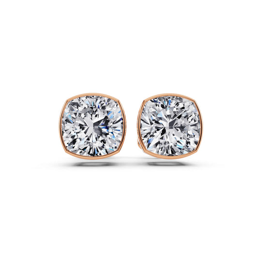 Rose Gold Bezel Cushion Lab Grown Diamond Stud Earrings, front view