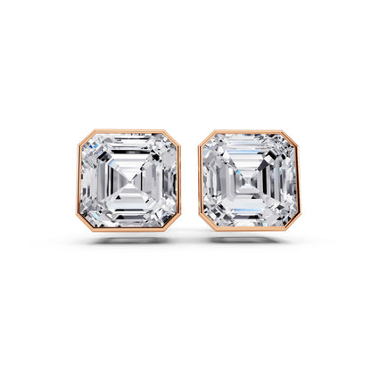 Rose Gold Bezel Asscher Lab Grown Diamond Stud Earrings, front view