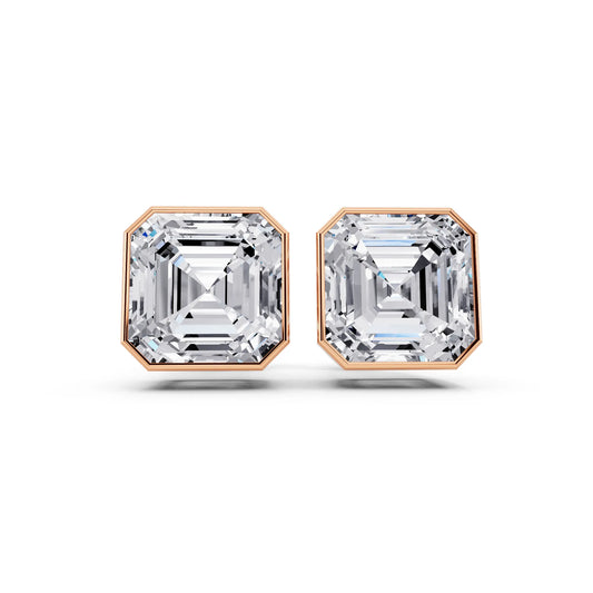 Rose Gold Bezel Asscher Lab Grown Diamond Stud Earrings, front view
