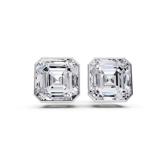 Bezel Asscher Lab Grown Diamond Stud Earrings, front view