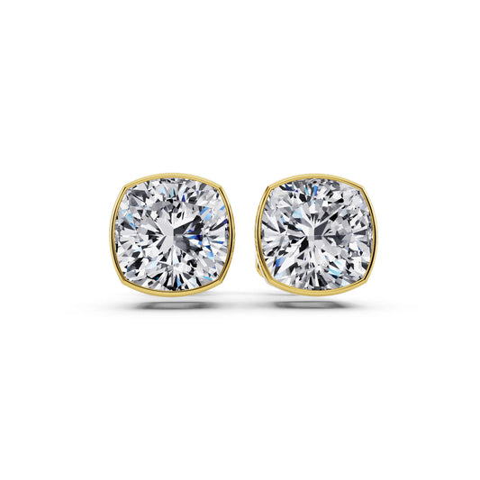 Yellow Gold Bezel Cushion Lab Grown Diamond Stud Earrings, front view