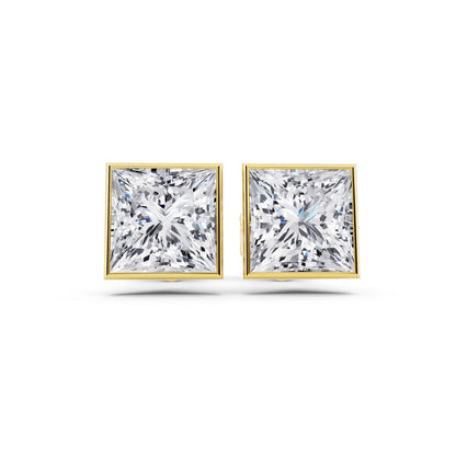 Yellow Gold Martini Bezel Princess Lab Grown Diamond Stud Earrings, front view