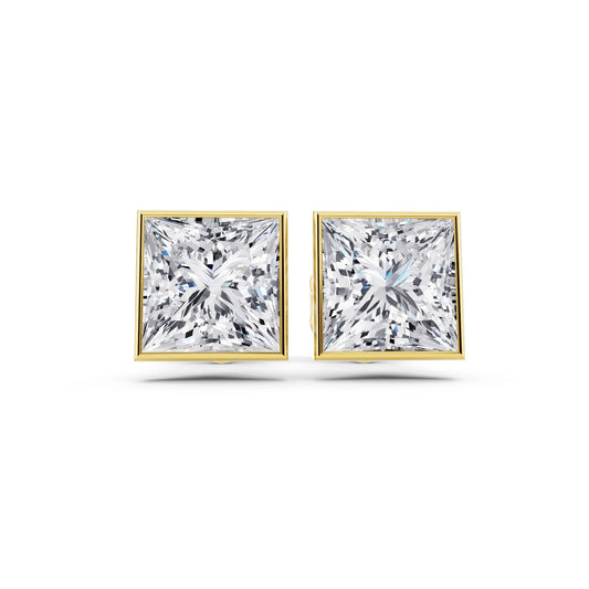 Yellow Gold Martini Bezel Princess Lab Grown Diamond Stud Earrings, front view