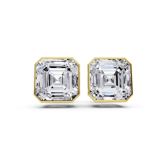 Yellow Gold Bezel Asscher Lab Grown Diamond Stud Earrings, front view