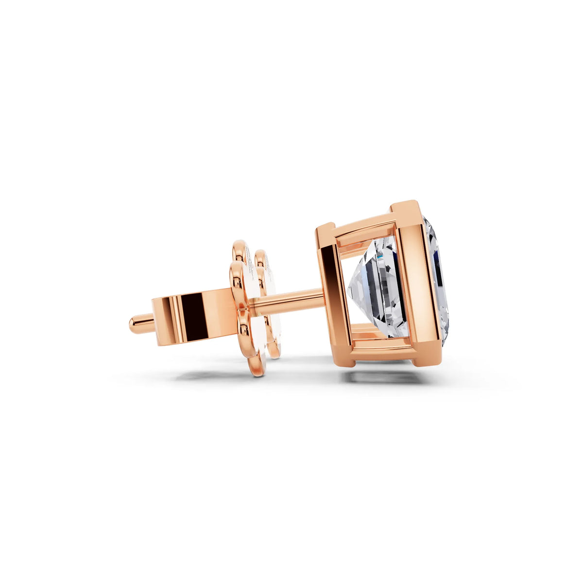 Rose Gold Bezel Asscher Lab Grown Diamond Stud Earrings, side view