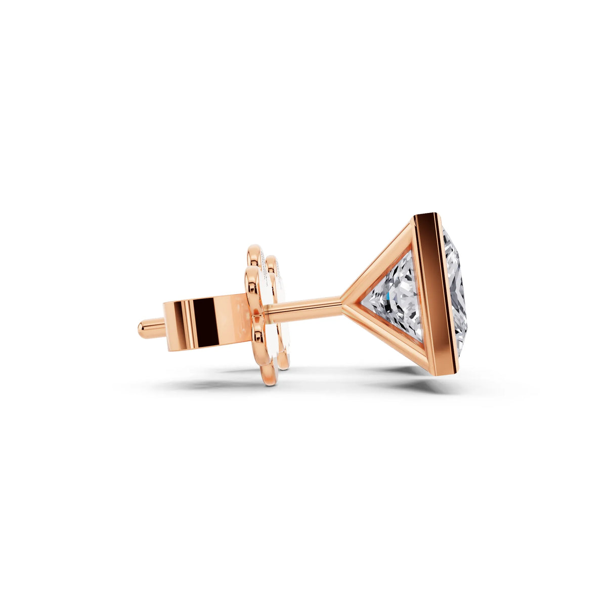Rose Gold Martini Bezel Princess Lab Grown Diamond Stud Earrings, side view