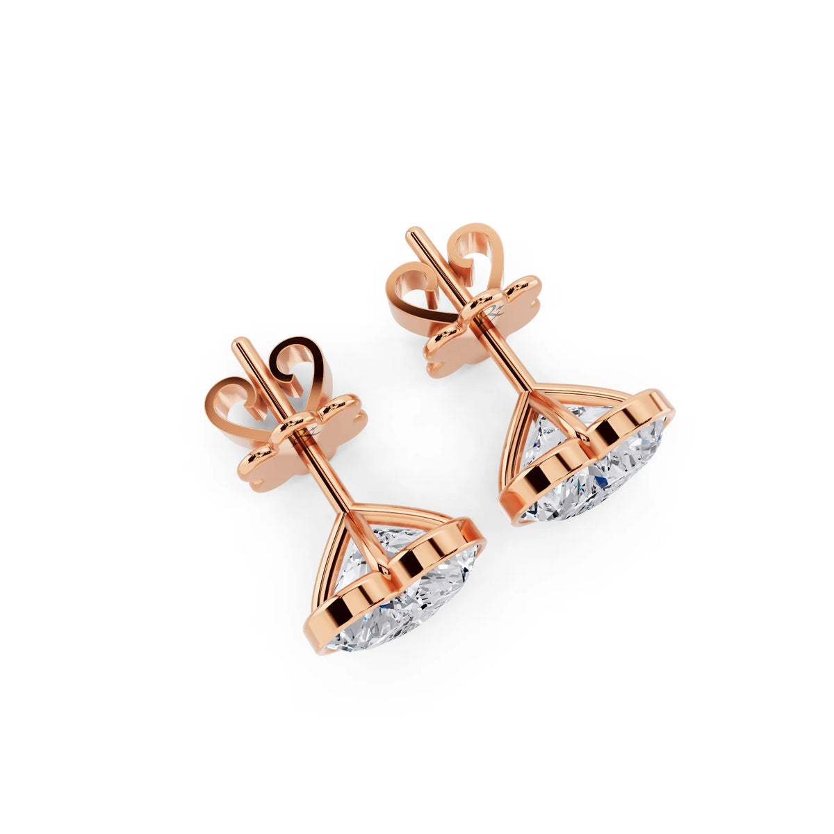 Rose Gold Martini Bezel Heart Lab Grown Diamond Stud Earrings, top view