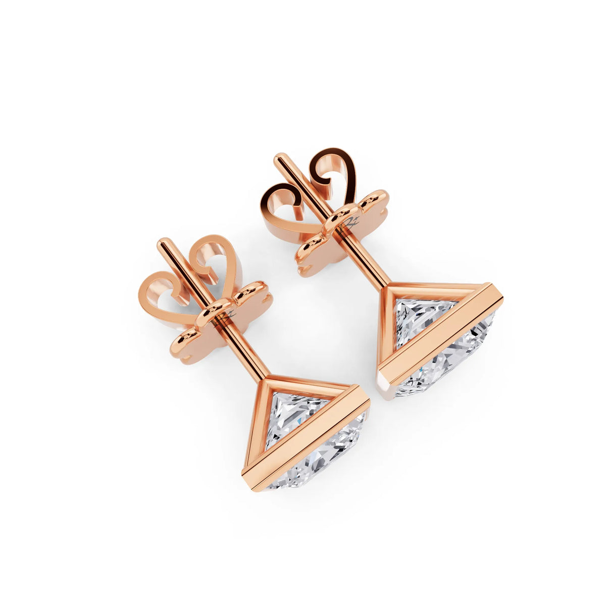 Rose Gold Martini Bezel Princess Lab Grown Diamond Stud Earrings, top view