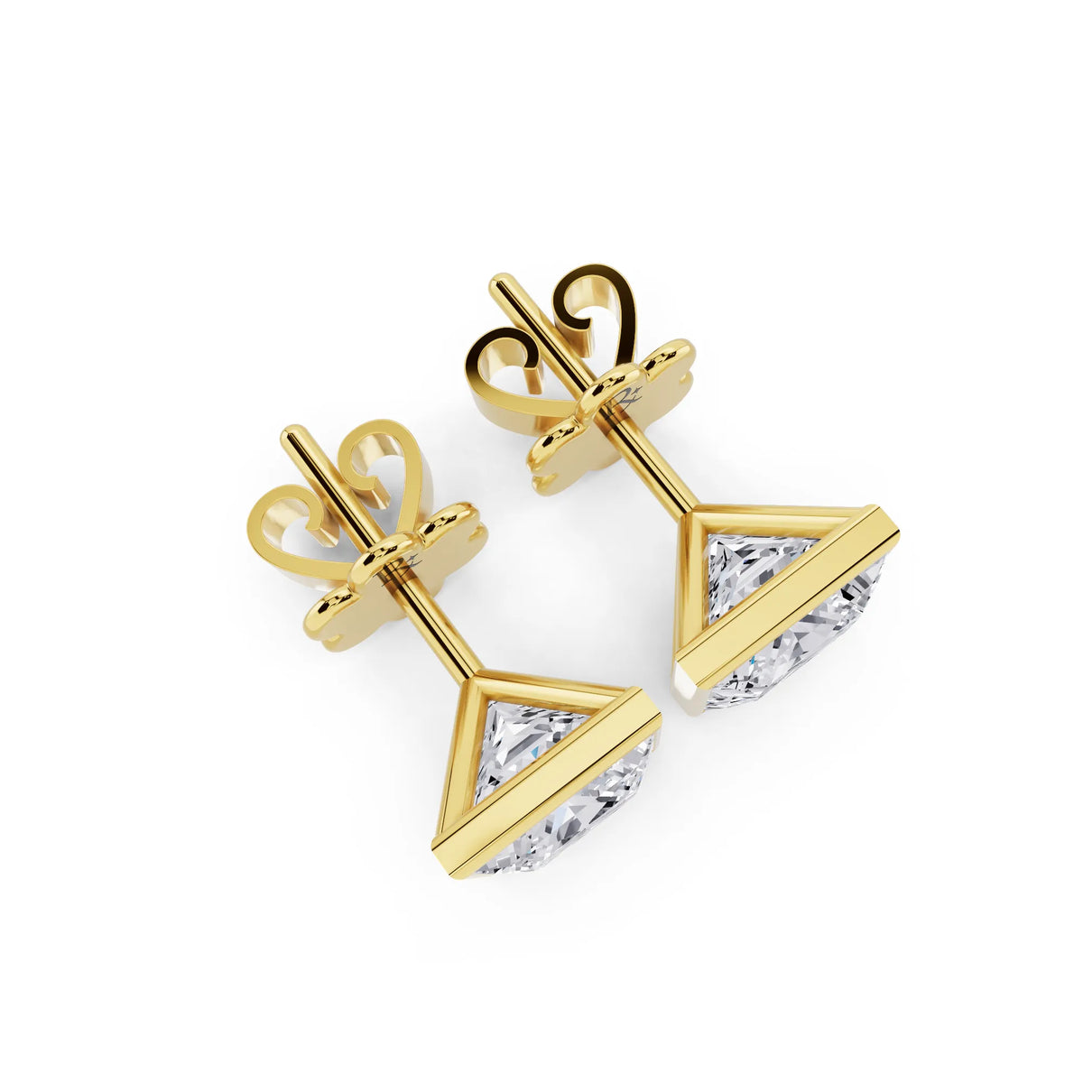 Yellow Gold Martini Bezel Princess Lab Grown Diamond Stud Earrings, top view