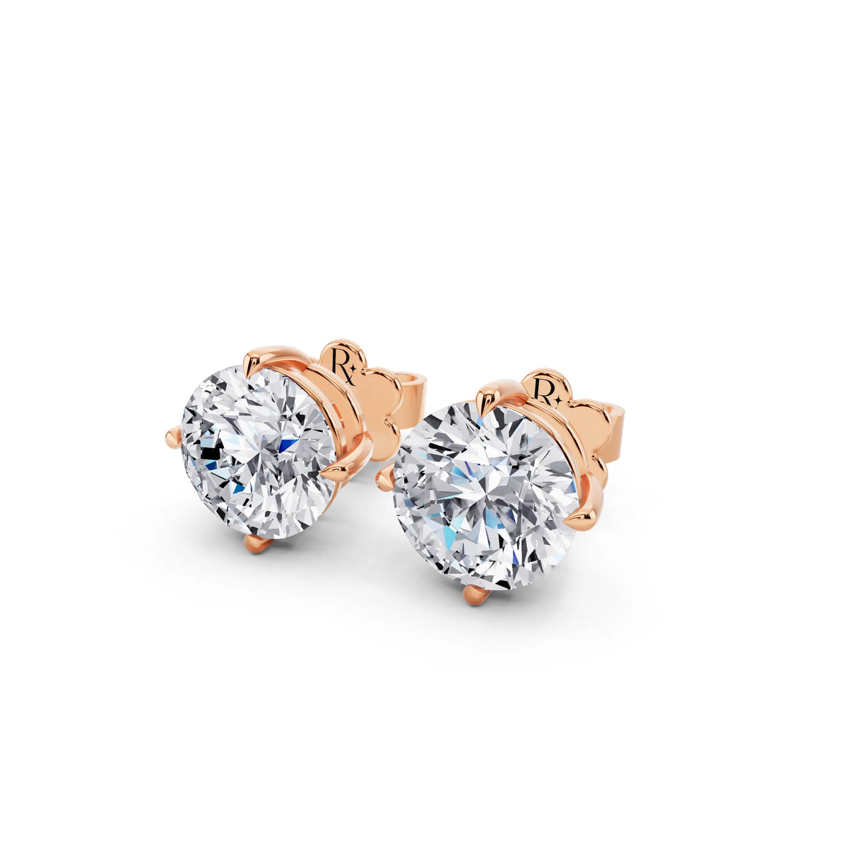 Rose Gold Tiger-prong Round Lab Grown Diamond Stud Earrings, close-up