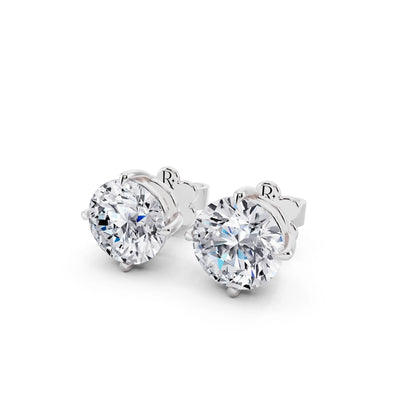 Tiger-prong Round Lab Grown Diamond Stud Earrings, close-up