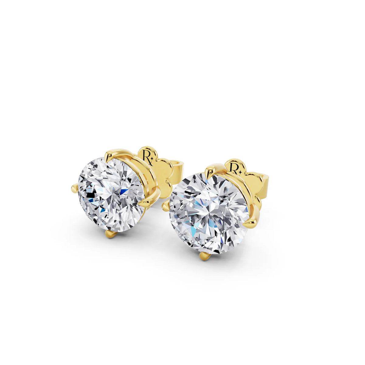 Yellow Gold Tiger-prong Round Lab Grown Diamond Stud Earrings, close-up