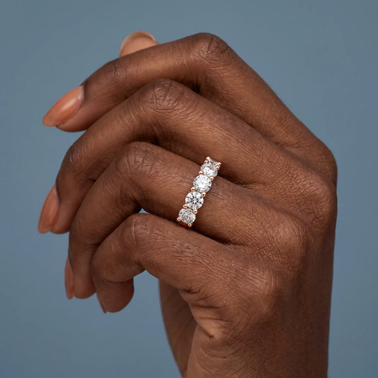 10K Rose Gold Five Stone Round Cut Diamond Half Eternity Wedding Band - worn on hand