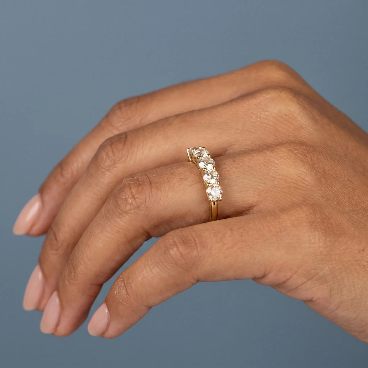 10K Yellow Gold Five Stone Round Cut Diamond Half Eternity Wedding Band - worn on hand