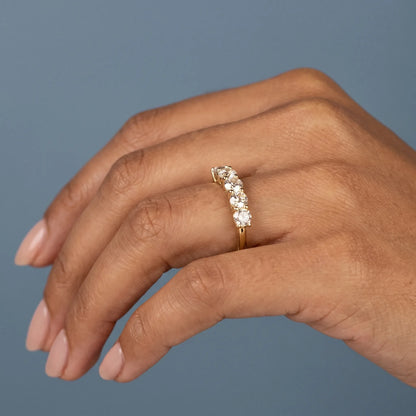 14K Yellow Gold Five Stone Round Cut Diamond Half Eternity Wedding Band - worn on hand