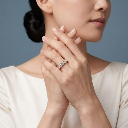 14K Yellow Gold Seven Stone Round Cut Diamond Half Eternity Wedding Band - model beauty shot