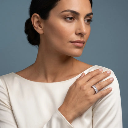 14K White Gold Seven Stone Radiant Cut Diamond Half Eternity Wedding Band - model beauty shot
