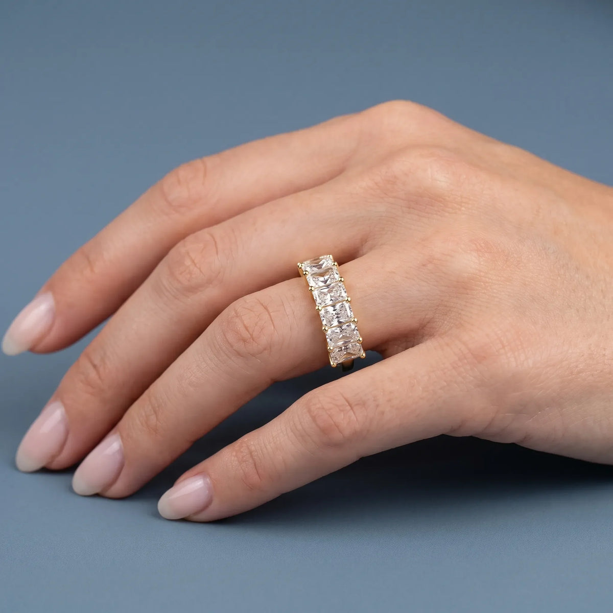 10K Yellow Gold Seven Stone Radiant Cut Diamond Half Eternity Wedding Band - worn on hand