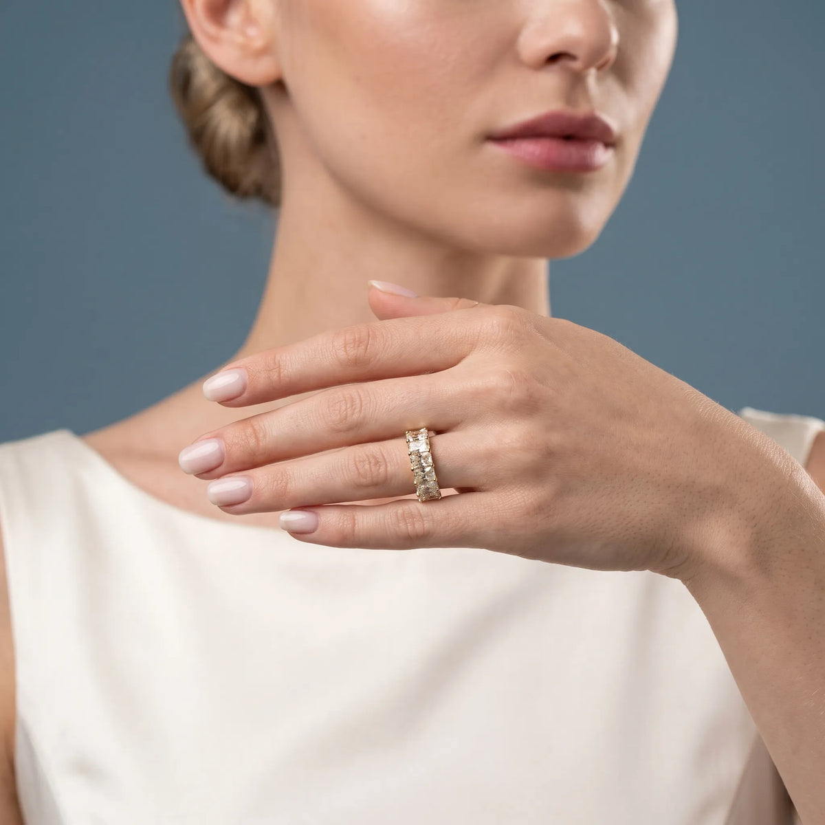 10K Yellow Gold Seven Stone Radiant Cut Diamond Half Eternity Wedding Band - model beauty shot