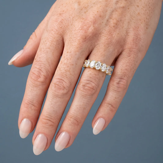 14K Yellow Gold Seven Stone Oval Cut Diamond Half Eternity Wedding Band - worn on hand
