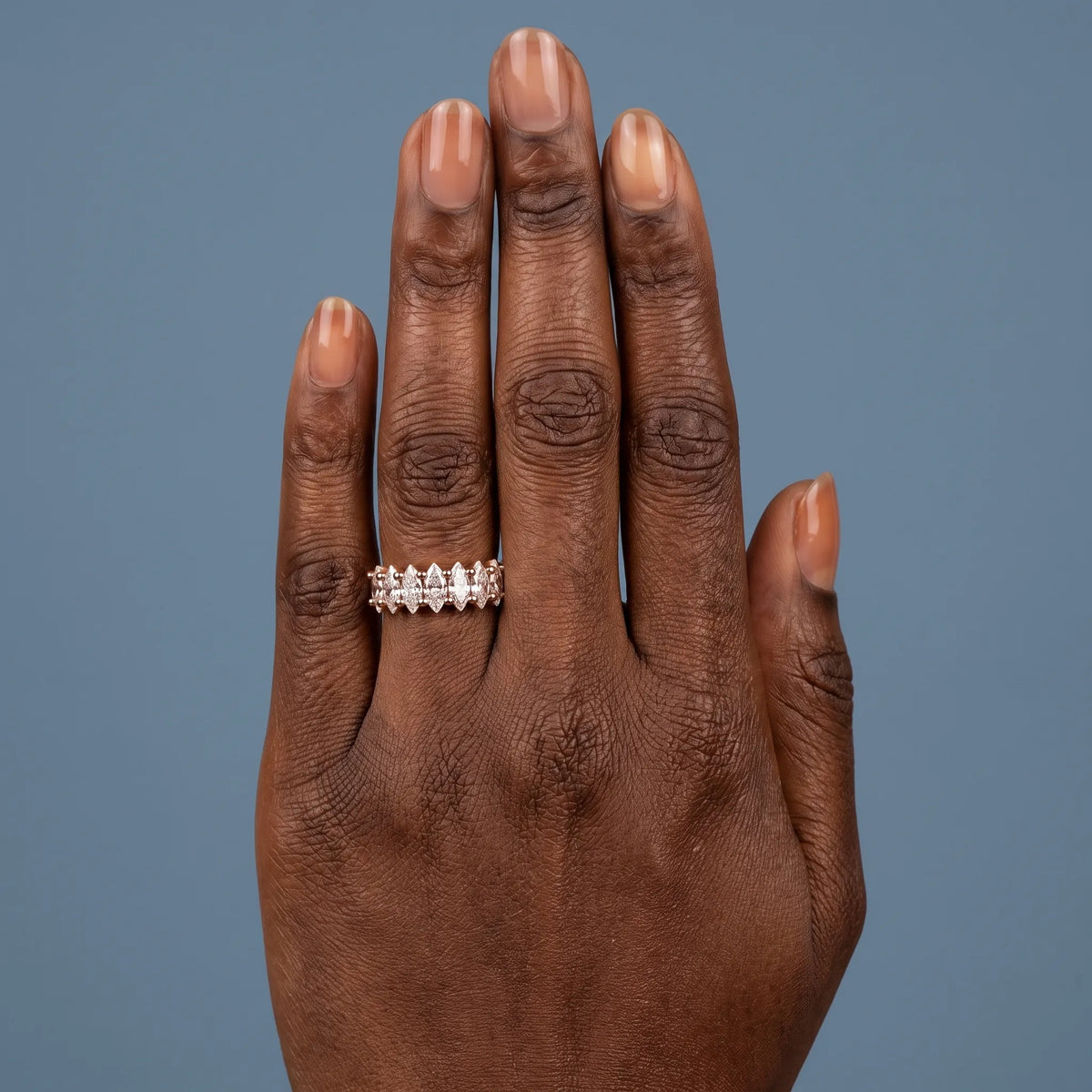 10K Rose Gold Seven Stone Marquise Cut Diamond Half Eternity Wedding Band - worn on hand