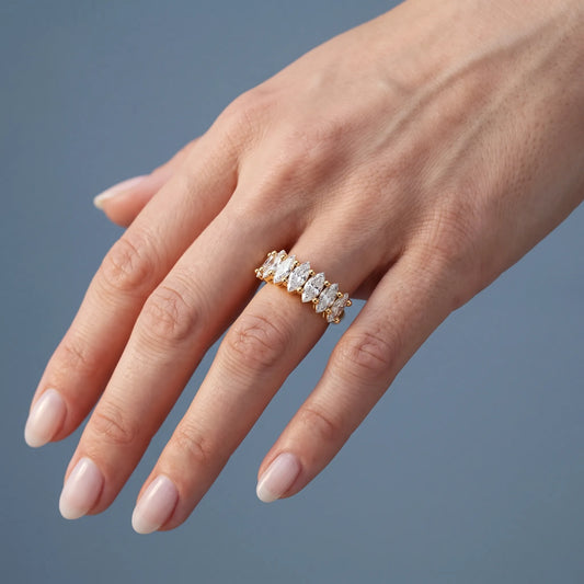 14K Yellow Gold Seven Stone Marquise Cut Diamond Half Eternity Wedding Band - worn on hand