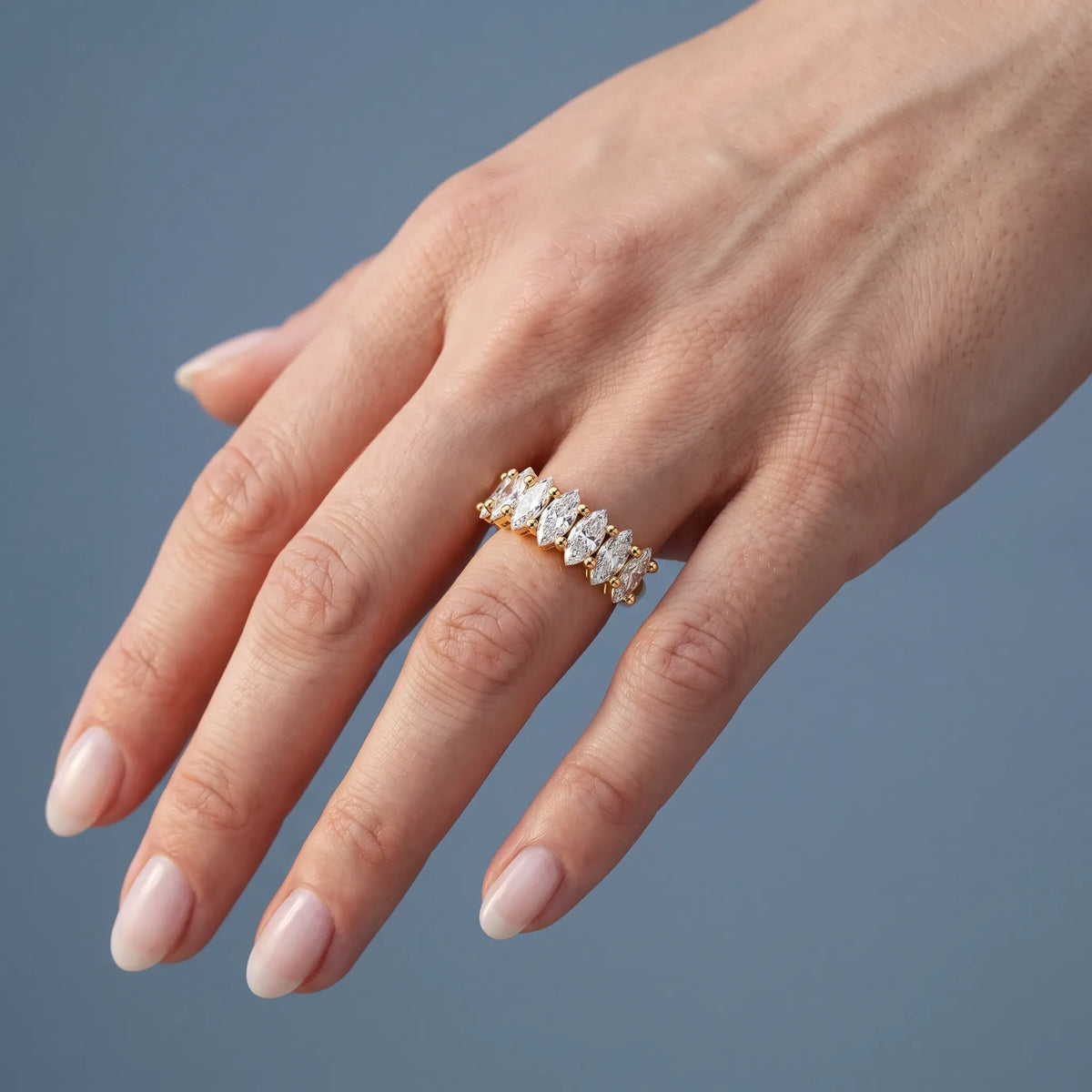 14K Yellow Gold Seven Stone Marquise Cut Diamond Half Eternity Wedding Band - worn on hand