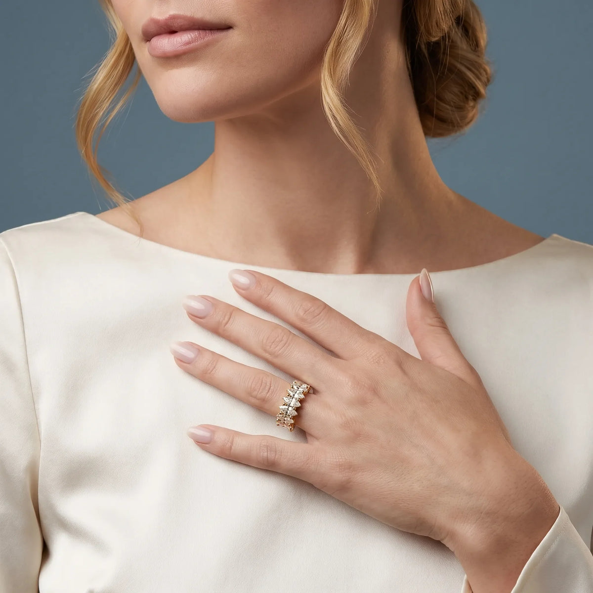 14K Yellow Gold Seven Stone Marquise Cut Diamond Half Eternity Wedding Band - model beauty shot