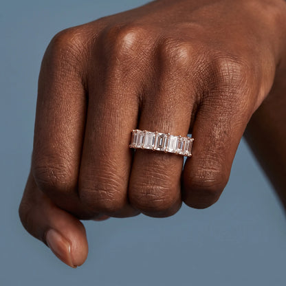 10K Rose Gold Seven Stone Emerald Cut Diamond Half Eternity Wedding Band - worn on hand