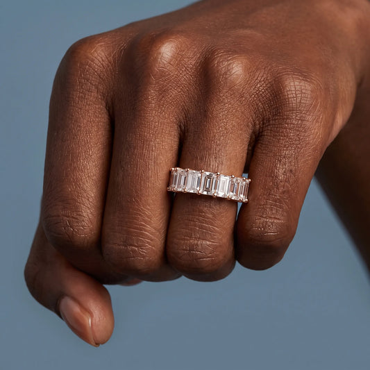 14K Rose Gold Seven Stone Emerald Cut Diamond Half Eternity Wedding Band - worn on hand