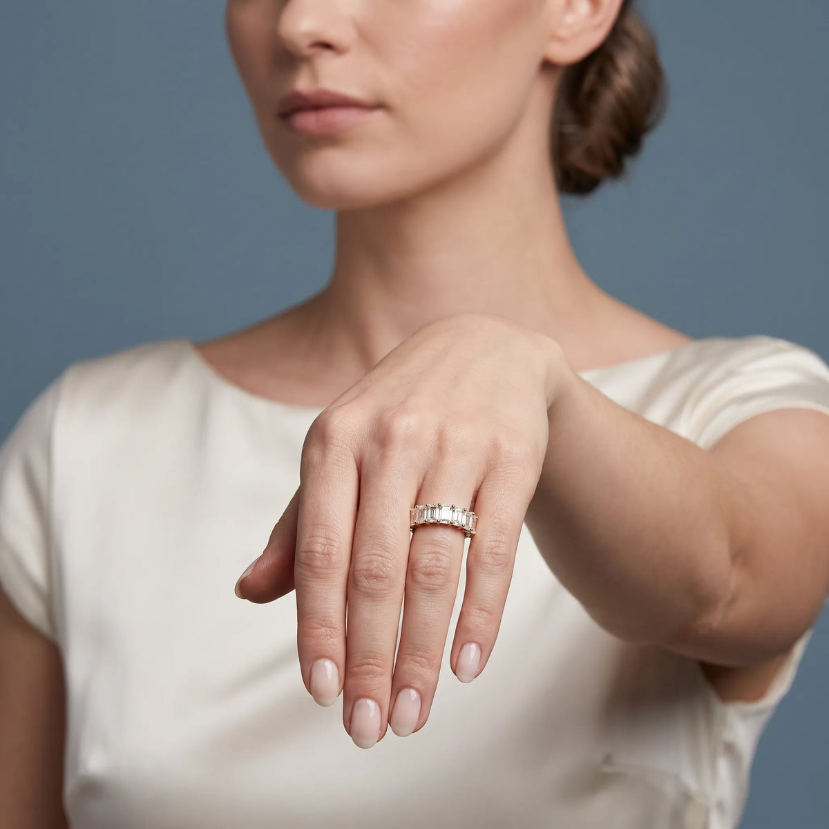 14K Yellow Gold Seven Stone Emerald Cut Diamond Half Eternity Wedding Band - model beauty shot