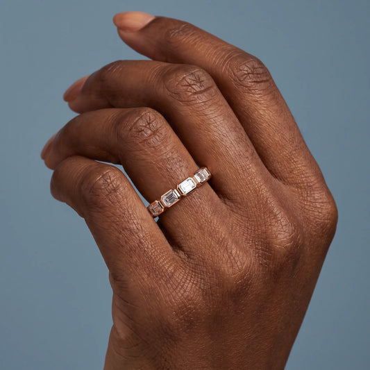 14K Rose Gold Seven Stone Emerald Cut Bezel Set Diamond Half Eternity Wedding Band - worn on hand