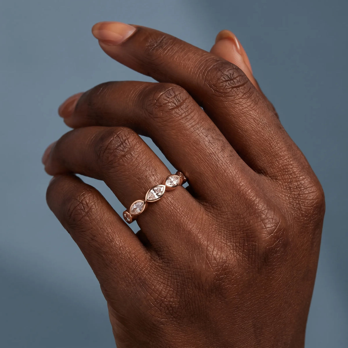 10K Rose Gold Seven Stone Marquise Cut Bezel Set Diamond Half Eternity Wedding Band - worn on hand