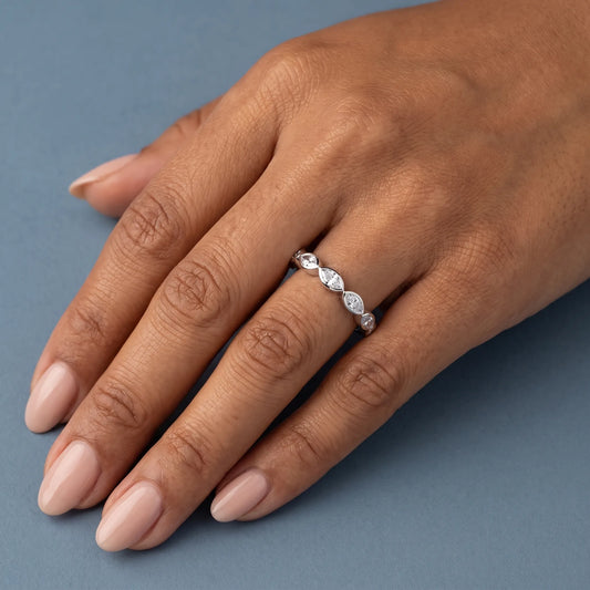 Silver Seven Stone Marquise Cut Bezel Set Diamond Half Eternity Wedding Band - worn on hand