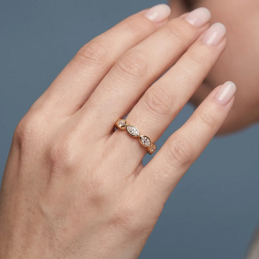 14K Yellow Gold Seven Stone Marquise Cut Bezel Set Diamond Half Eternity Wedding Band - worn on hand