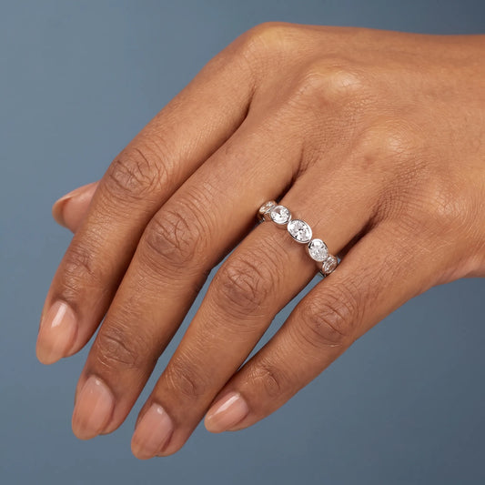 14K White Gold Seven Stone Oval Cut Bezel Set Diamond Half Eternity Wedding Band - worn on hand
