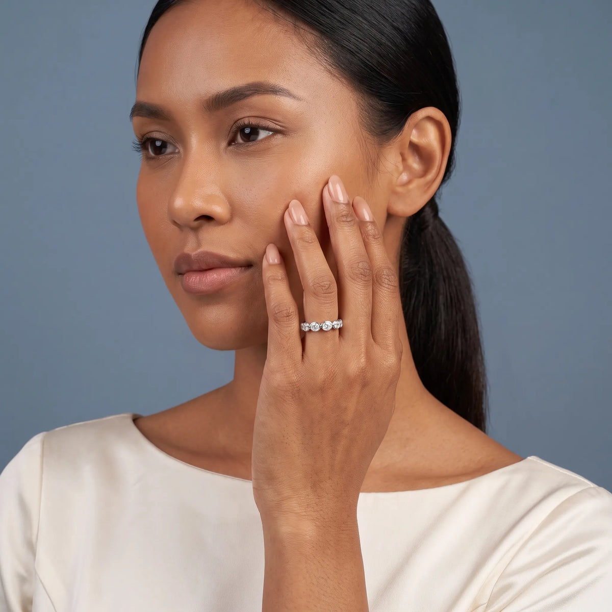 14K White Gold Seven Stone Oval Cut Bezel Set Diamond Half Eternity Wedding Band - model beauty shot