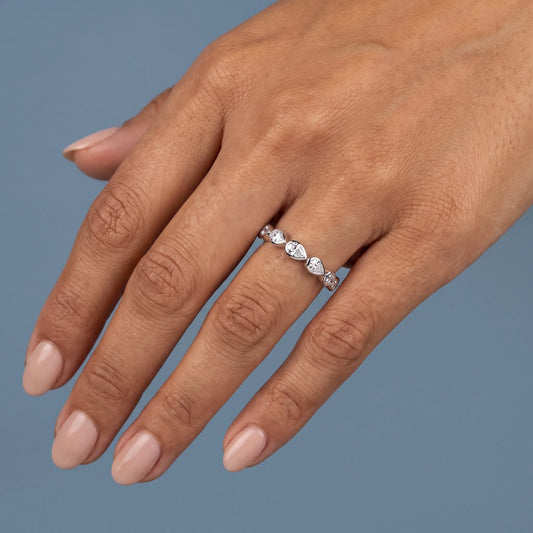 14K White Gold Seven Stone Pear Cut Bezel Set Diamond Half Eternity Wedding Band - worn on hand