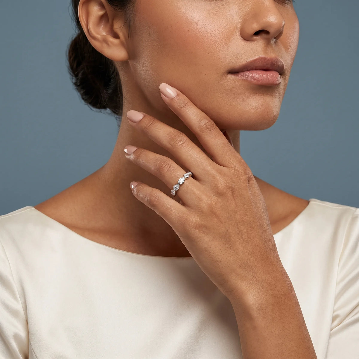 14K White Gold Seven Stone Pear Cut Bezel Set Diamond Half Eternity Wedding Band - model beauty shot